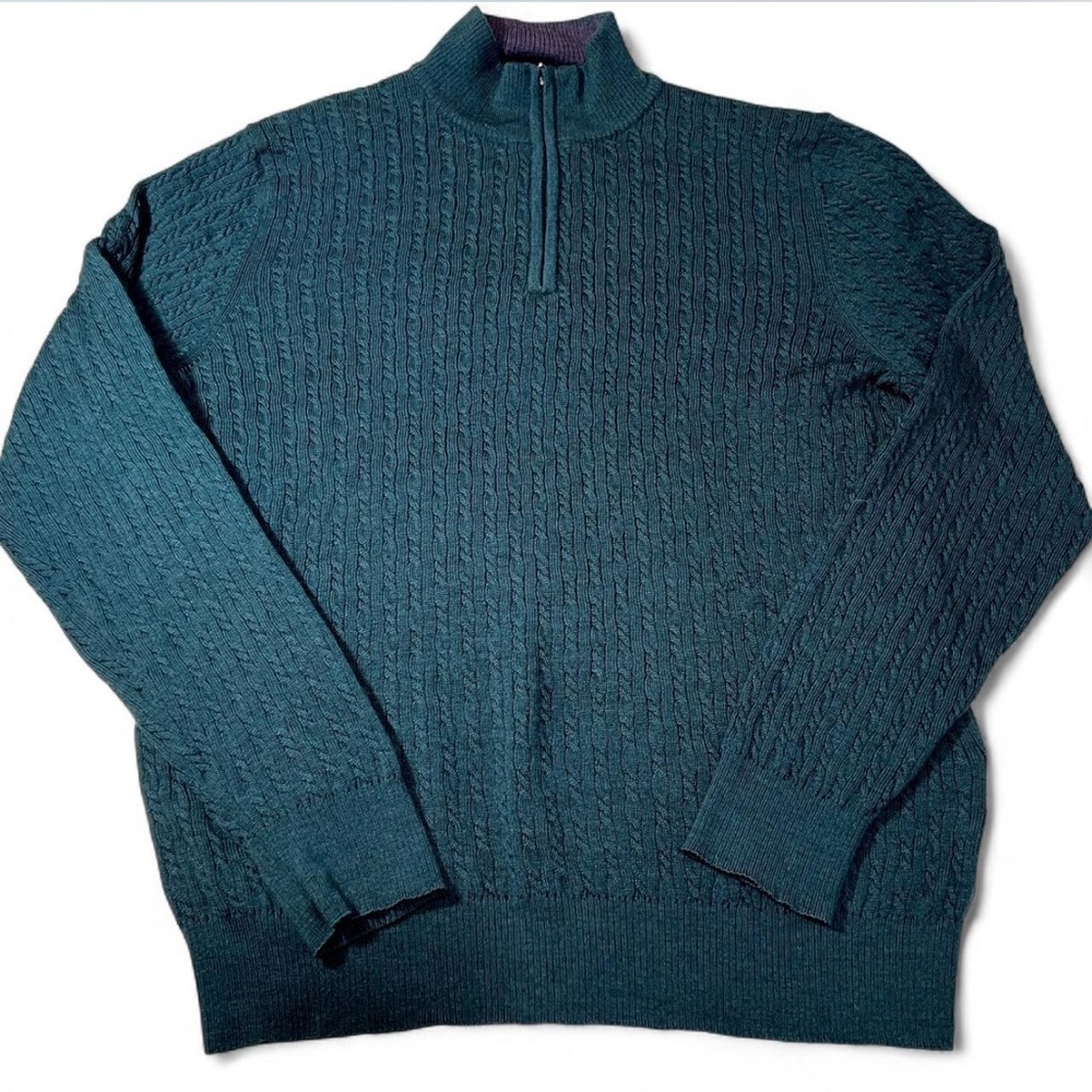 Robert Talbott Merino Wool Quarter Zip Cable Knit Sweater Teal Green Men’s M